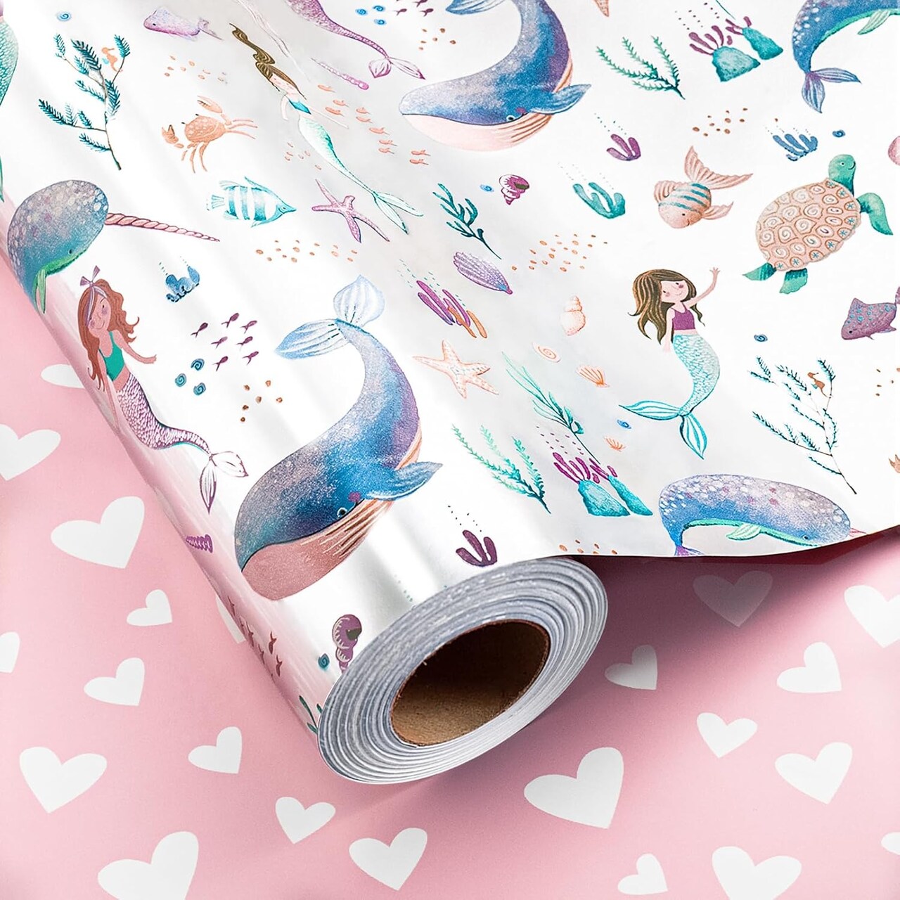 Reversible Mermaid Wrapping Paper Roll – 17” x 33 ft, Metallic Foil Ocean-Themed with Mermaids, Whales, Turtles & Pink Hearts for Girl Birthday, Baby Shower – Mini Roll (Silver Mermaid)